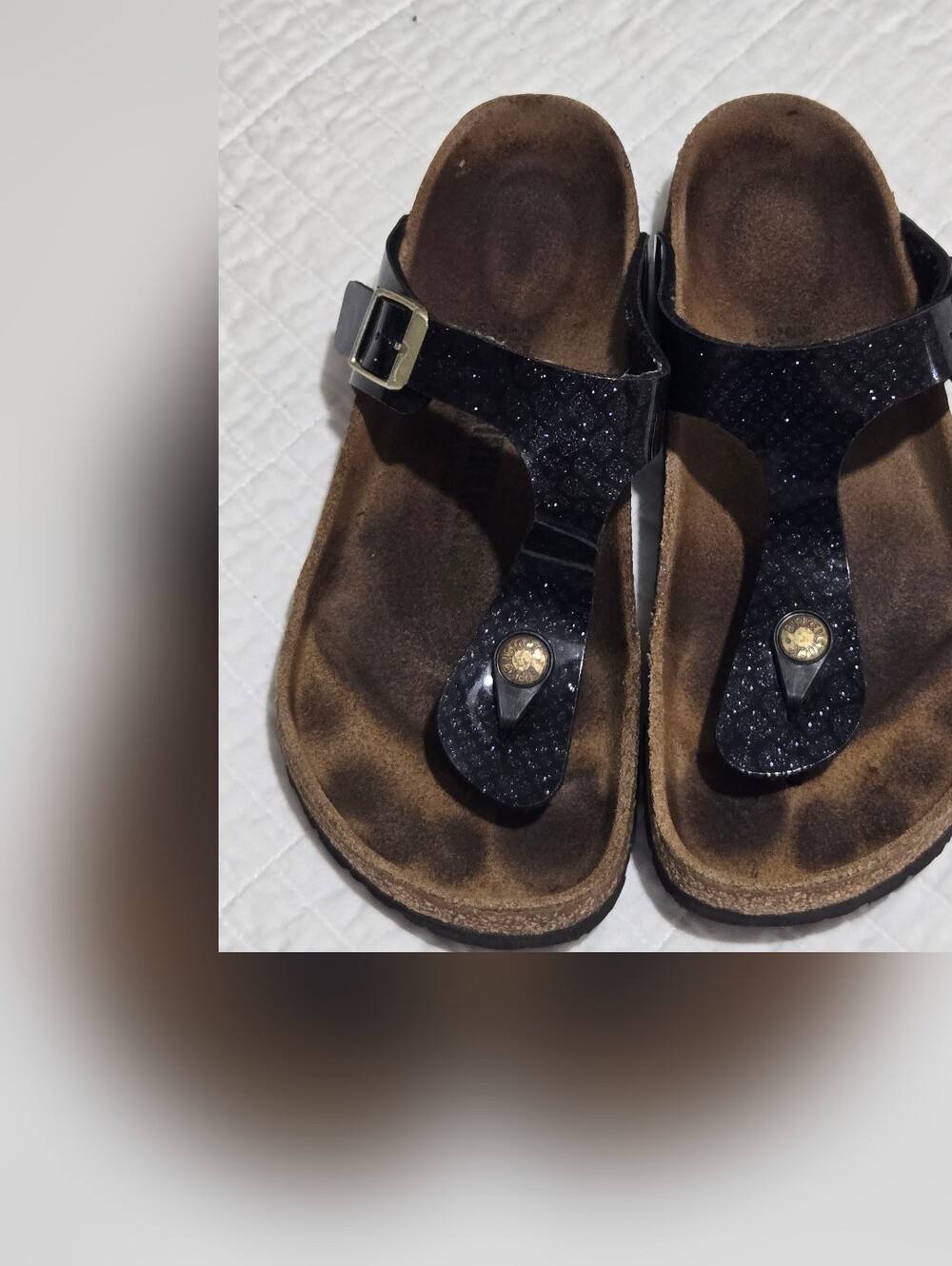 Birkenstock Black Patent Thong Sandals with Gold Buckles - Picture 3 of 7